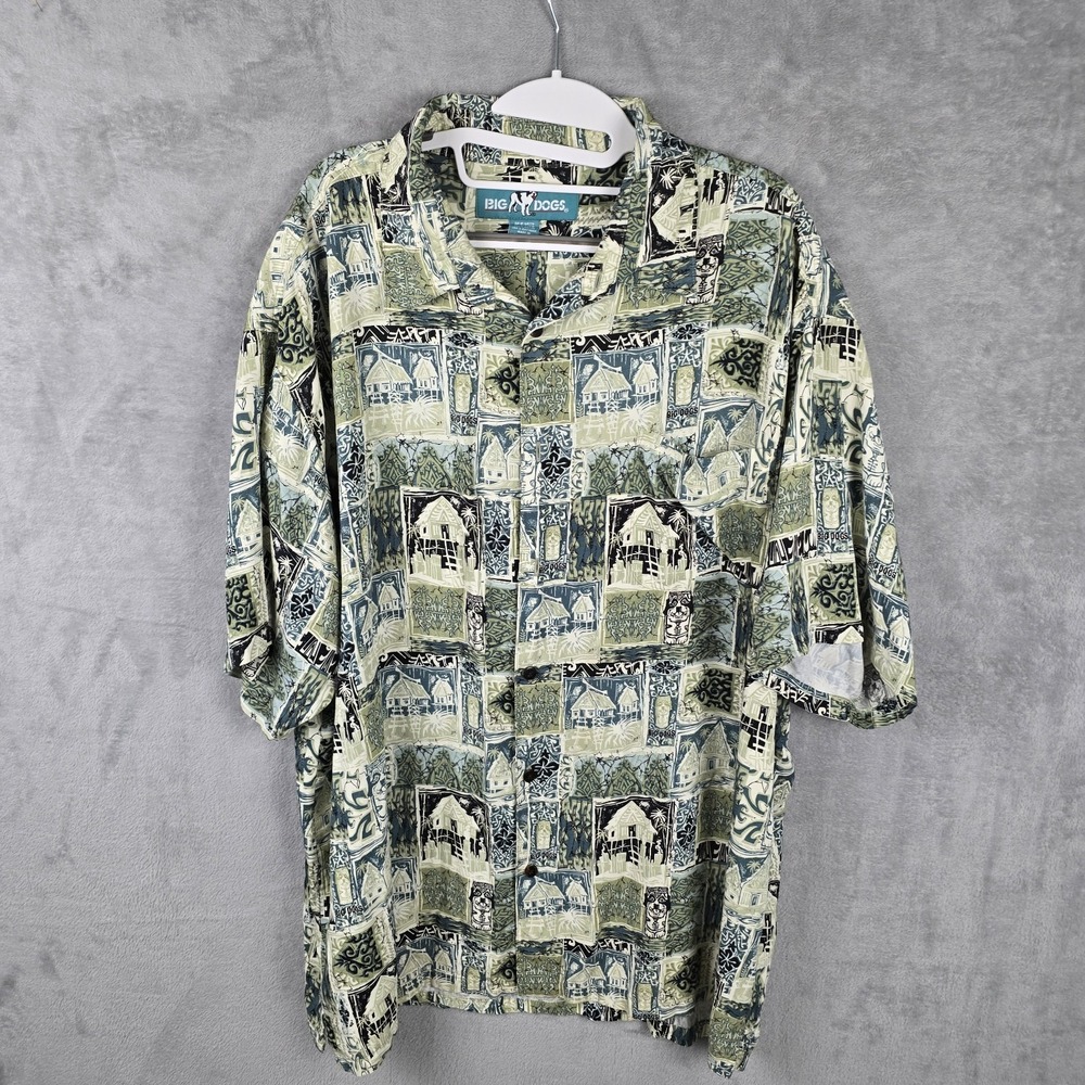Big Dogs Mens XL Rayon Tiki Island Hut Print Short Sleeve Camp Shirt Green Blue